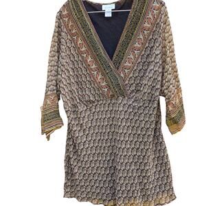 Avenue Boho top V neck 3/4  Sleeve 97% Silk  Side Slits  Multicolor Sz. 22/24